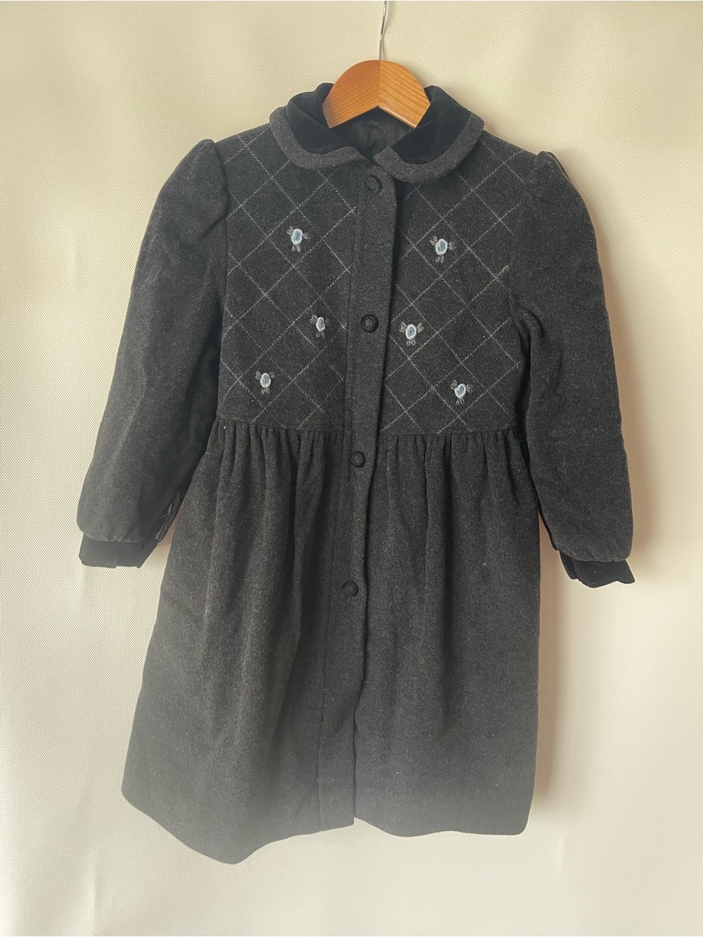 Girls' Black Embroidered Pea Coat with Peter Pan Collar